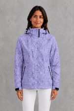Women’s waterproof leaf print jacket with a protective hood, adjustable drawstring waist and lightweight design for rainy and changeable weather.