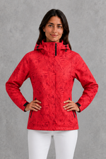Women’s waterproof leaf print jacket with a protective hood, adjustable drawstring waist and lightweight design for rainy and changeable weather.