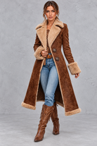 Women’s Western denim plush trench coat in khaki with vintage-inspired styling – image 1