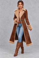 Women’s Western denim plush trench coat in khaki with vintage-inspired styling – image 1