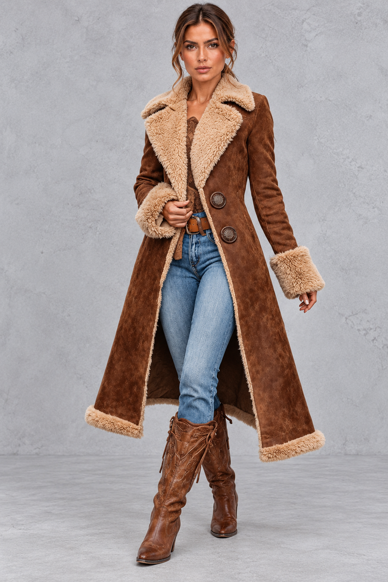 Women’s Western denim plush trench coat in khaki with vintage-inspired styling – image 1