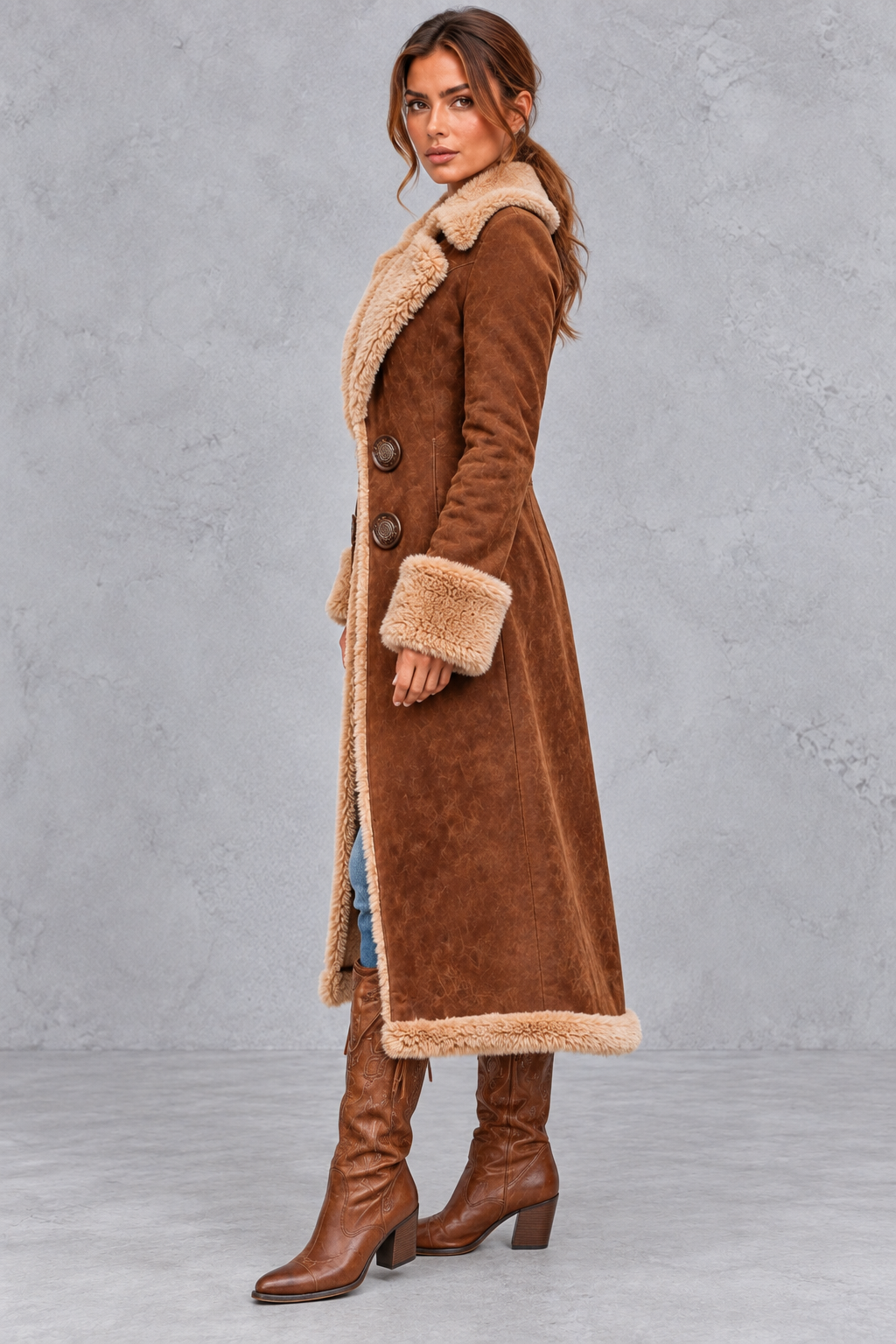 Women’s Western denim plush trench coat in khaki with vintage-inspired styling – image 2