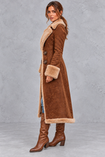 Women’s Western denim plush trench coat in khaki with vintage-inspired styling – image 2