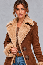 Women’s Western denim plush trench coat in khaki with vintage-inspired styling – image 3