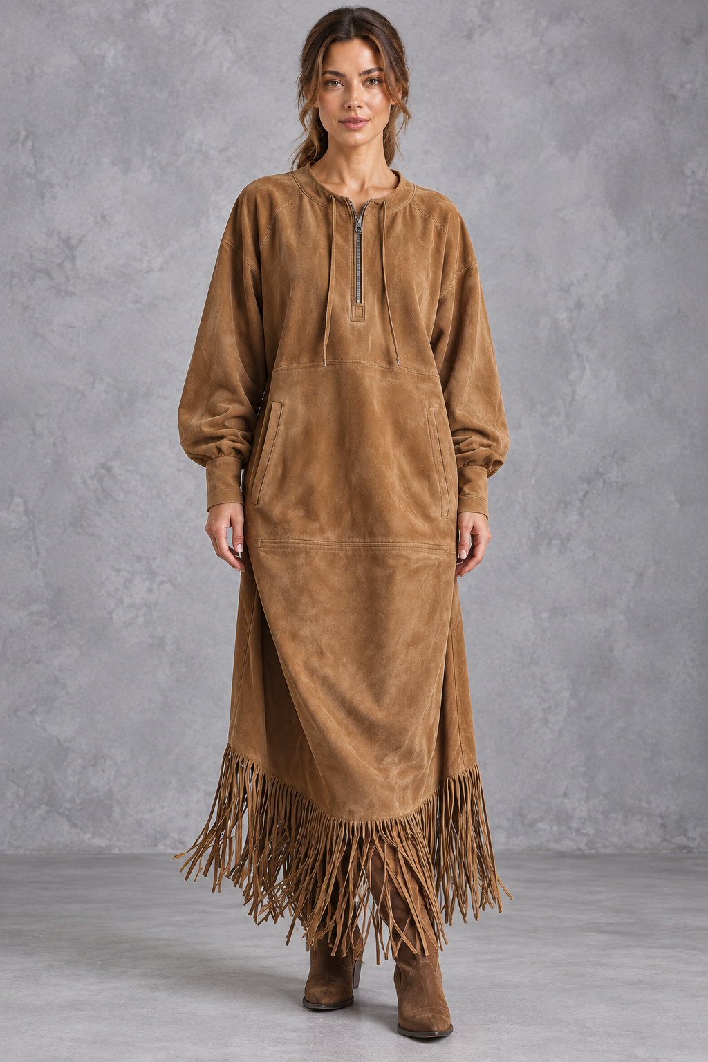 Women’s Western faux suede midi dress with a round neckline, decorative tassel detailing and a relaxed A-line silhouette.