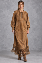 Women’s Western faux suede midi dress with a round neckline, decorative tassel detailing and a relaxed A-line silhouette.
