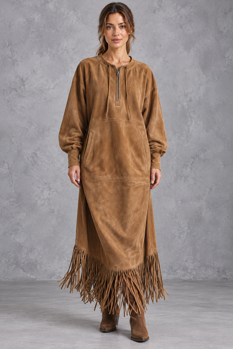 Women’s Western faux suede midi dress with a round neckline, decorative tassel detailing and a relaxed A-line silhouette.