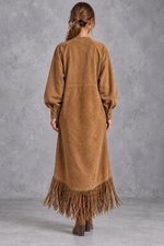 Women’s Western faux suede midi dress with a round neckline, decorative tassel detailing and a relaxed A-line silhouette.