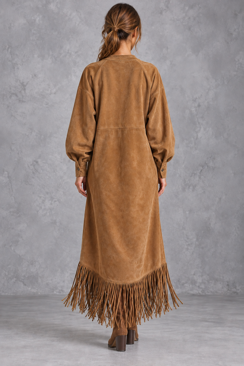 Women’s Western faux suede midi dress with a round neckline, decorative tassel detailing and a relaxed A-line silhouette.