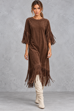 Women’s Western faux suede midi dress with a round neckline, decorative tassel detailing and a relaxed A-line silhouette.