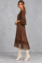 Women’s Western faux suede midi dress with a round neckline, decorative tassel detailing and a relaxed A-line silhouette.