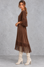 Women’s Western faux suede midi dress with a round neckline, decorative tassel detailing and a relaxed A-line silhouette.