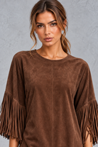 Women’s Western faux suede midi dress with a round neckline, decorative tassel detailing and a relaxed A-line silhouette.