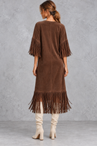 Women’s Western faux suede midi dress with a round neckline, decorative tassel detailing and a relaxed A-line silhouette.