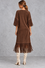 Women’s Western faux suede midi dress with a round neckline, decorative tassel detailing and a relaxed A-line silhouette.