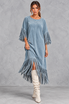 Women’s Western faux suede midi dress with a round neckline, decorative tassel detailing and a relaxed A-line silhouette.