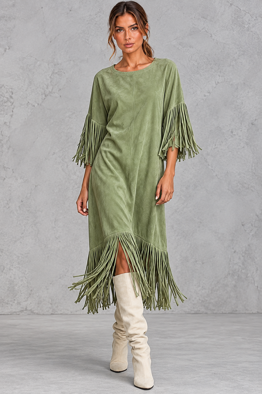 Women’s Western faux suede midi dress with a round neckline, decorative tassel detailing and a relaxed A-line silhouette.