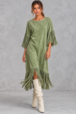 Women’s Western faux suede midi dress with a round neckline, decorative tassel detailing and a relaxed A-line silhouette.