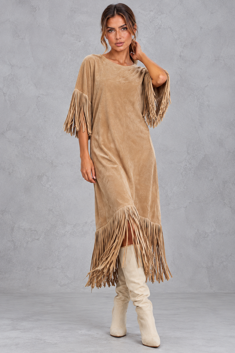 Women’s Western faux suede midi dress with a round neckline, decorative tassel detailing and a relaxed A-line silhouette.