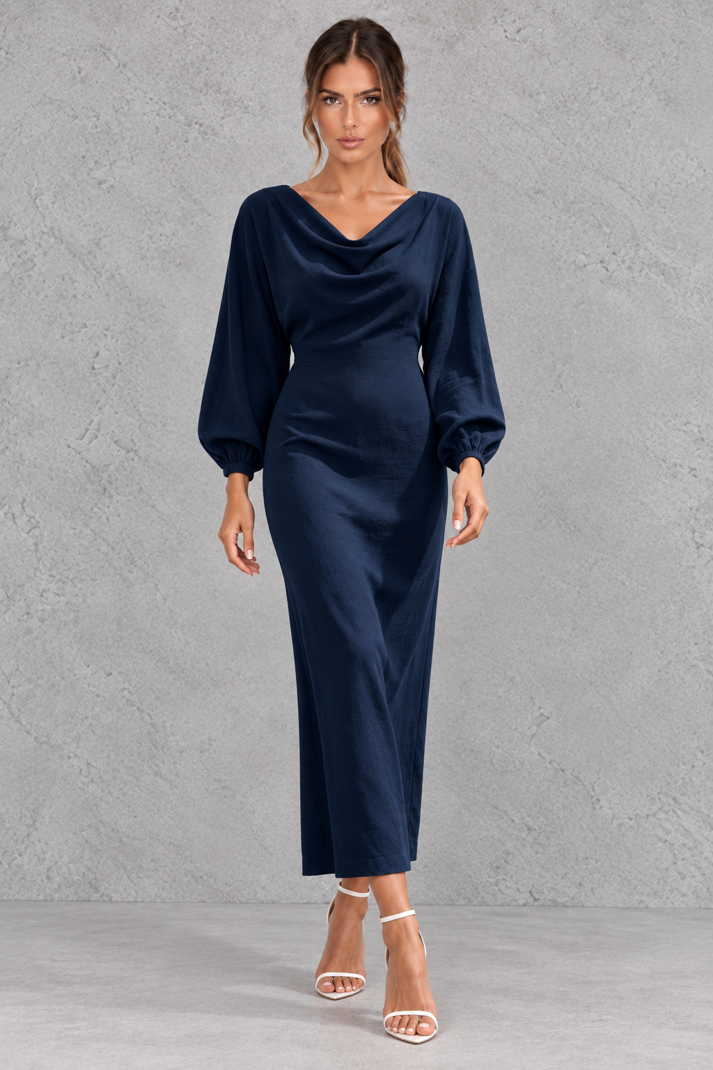Women’s Cowl Neck Long Sleeve Midi Dress