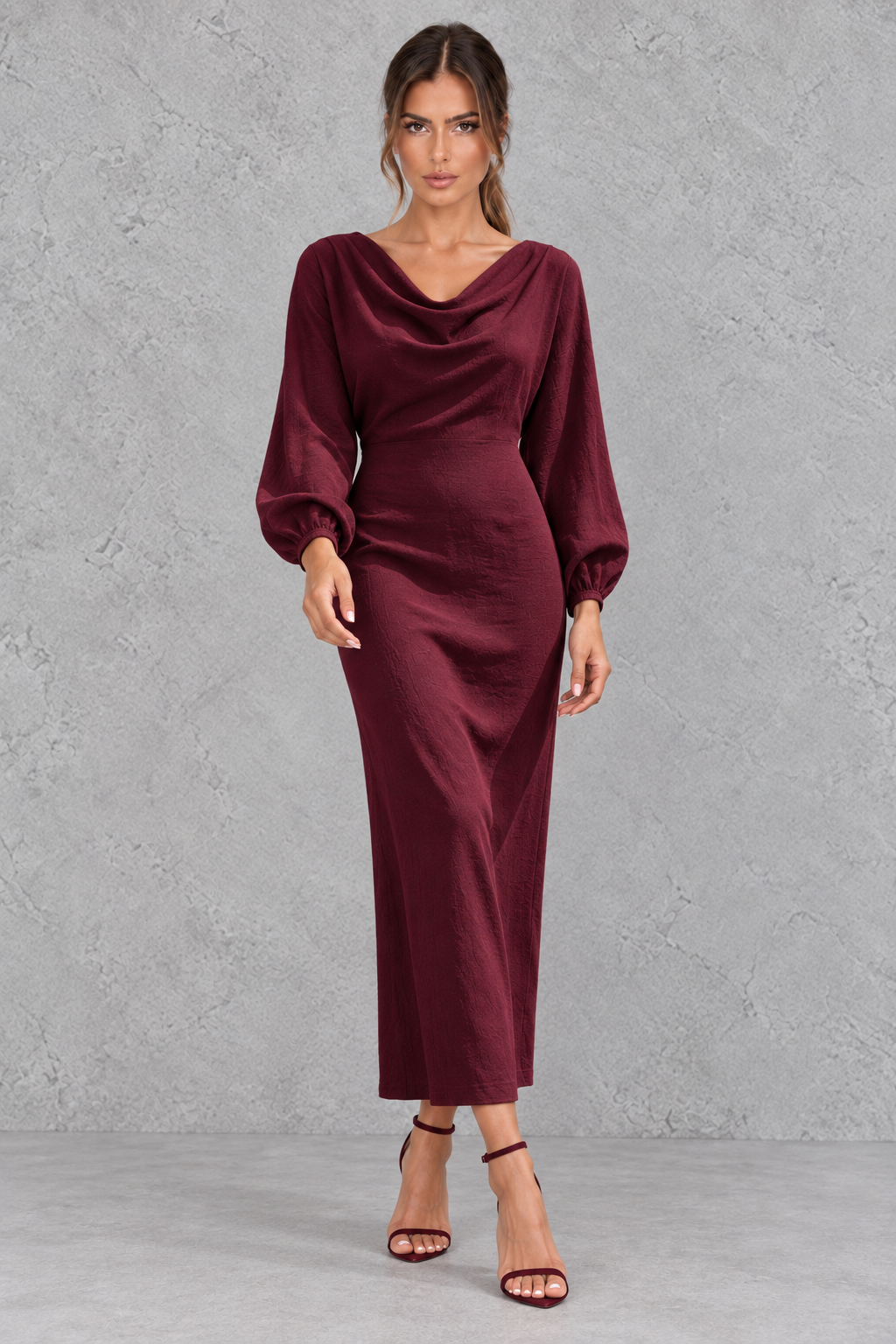 Women’s Cowl Neck Long Sleeve Midi Dress