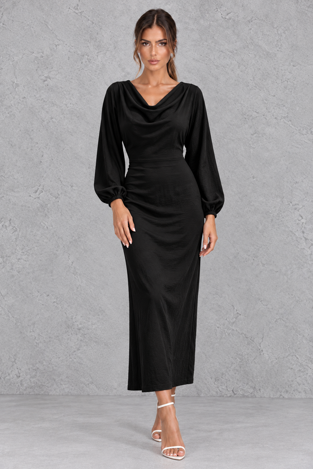 Women’s Cowl Neck Long Sleeve Midi Dress