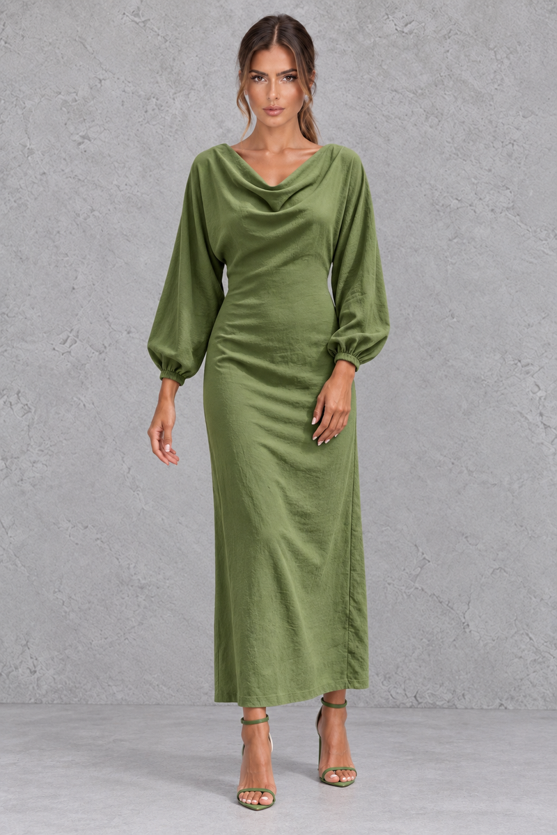 Women’s Cowl Neck Long Sleeve Midi Dress