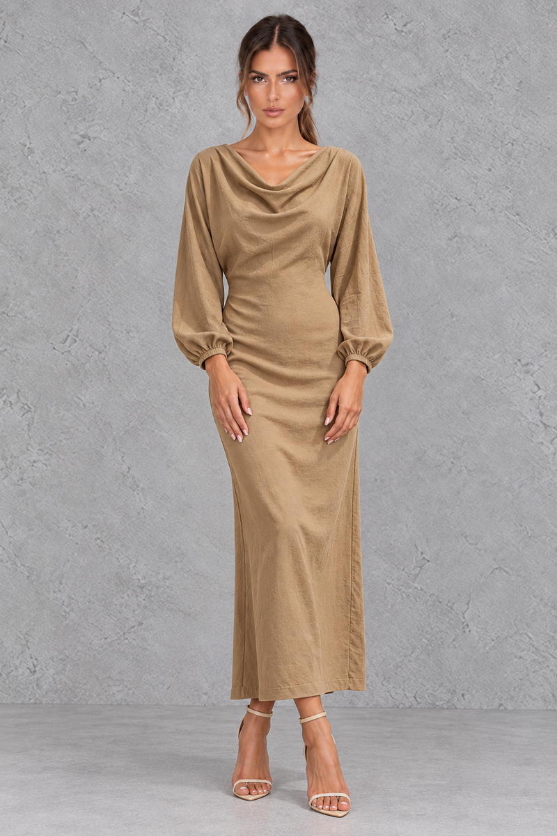 Women’s Cowl Neck Long Sleeve Midi Dress