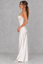 Women’s white lace satin maxi dress with delicate shoulder straps, lace-spliced detailing, a smooth satin-look finish and statement open back.
