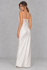 Women’s white lace satin maxi dress with delicate shoulder straps, lace-spliced detailing, a smooth satin-look finish and statement open back.