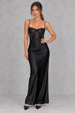 Women’s white lace satin maxi dress with delicate shoulder straps, lace-spliced detailing, a smooth satin-look finish and statement open back.