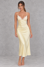 Women’s white satin-look lace maxi dress with V-neckline, slender shoulder straps, delicate lace patchwork and statement backless design.