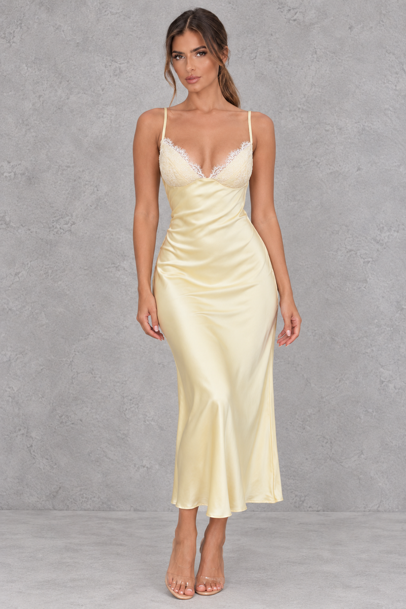 Women’s white satin-look lace maxi dress with V-neckline, slender shoulder straps, delicate lace patchwork and statement backless design.