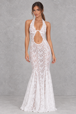 Women’s white satin-look lace maxi dress with V-neckline, slender shoulder straps, delicate lace patchwork and statement backless design.