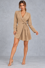 Women's wrap blazer dress in Camel – front view