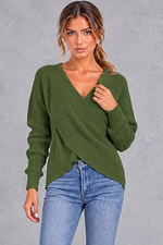 Women's army green cross front open back jumper – front view