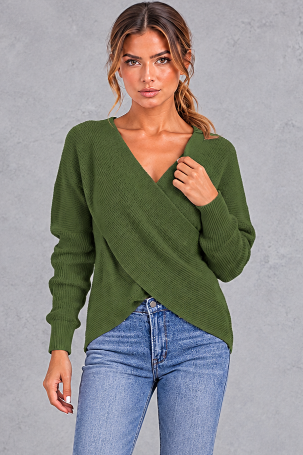 Women's army green cross front open back jumper – front view