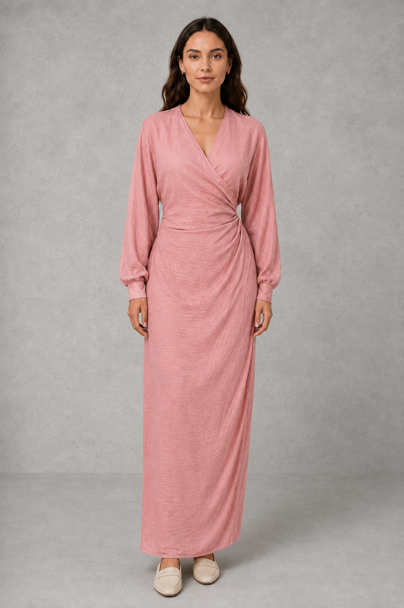 Women’s wrap maxi dress with a V-neckline, ruched side waist, long cuffed sleeves, flowing full-length skirt and subtle side slit.