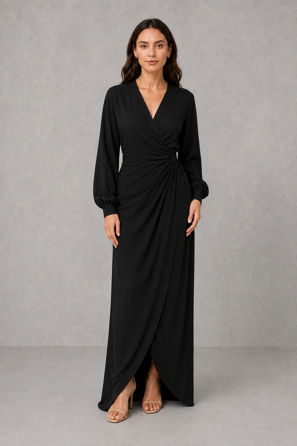 Women’s wrap maxi dress with a V-neckline, ruched side waist, long cuffed sleeves, flowing full-length skirt and subtle side slit.