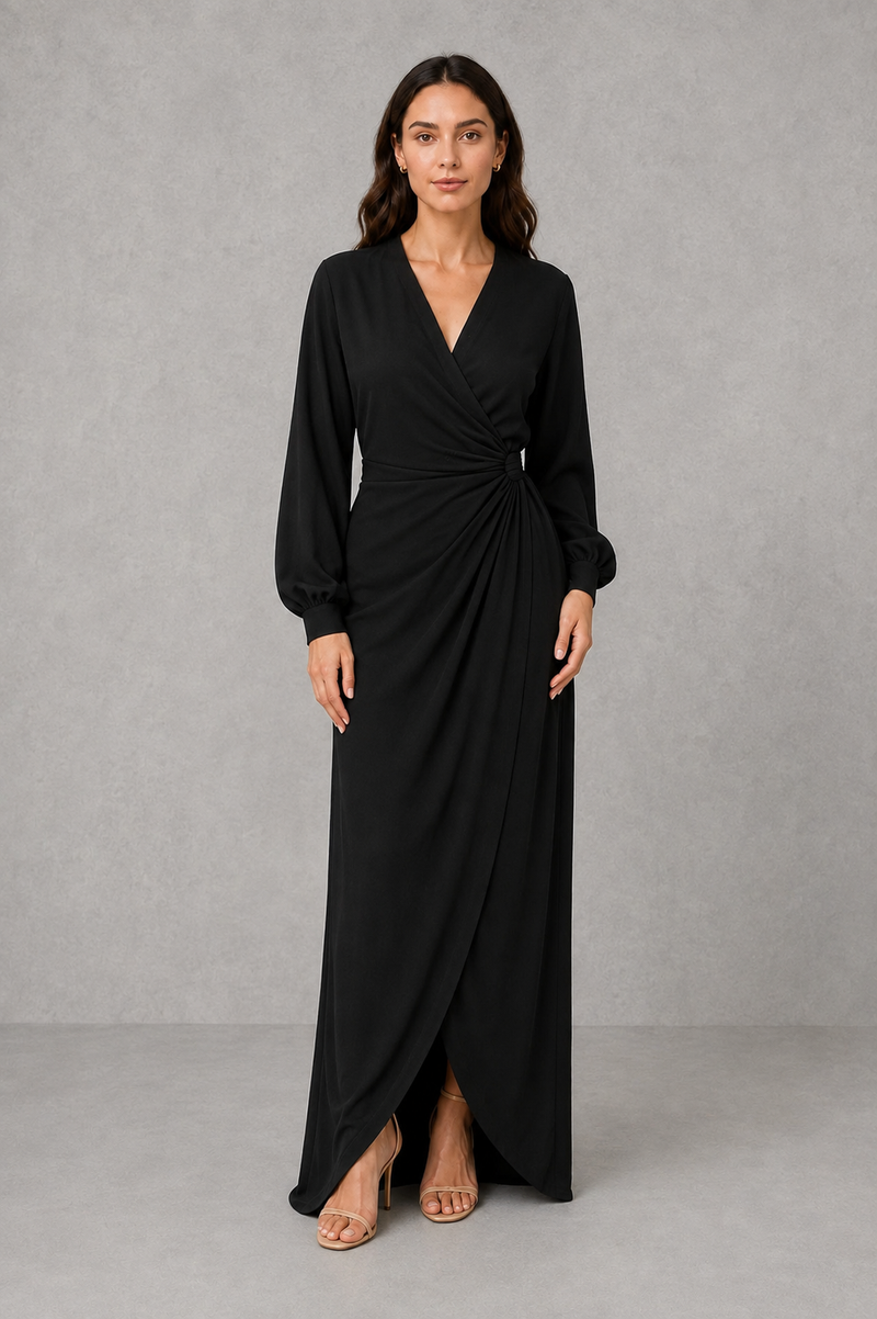 Women’s wrap maxi dress with a V-neckline, ruched side waist, long cuffed sleeves, flowing full-length skirt and subtle side slit.
