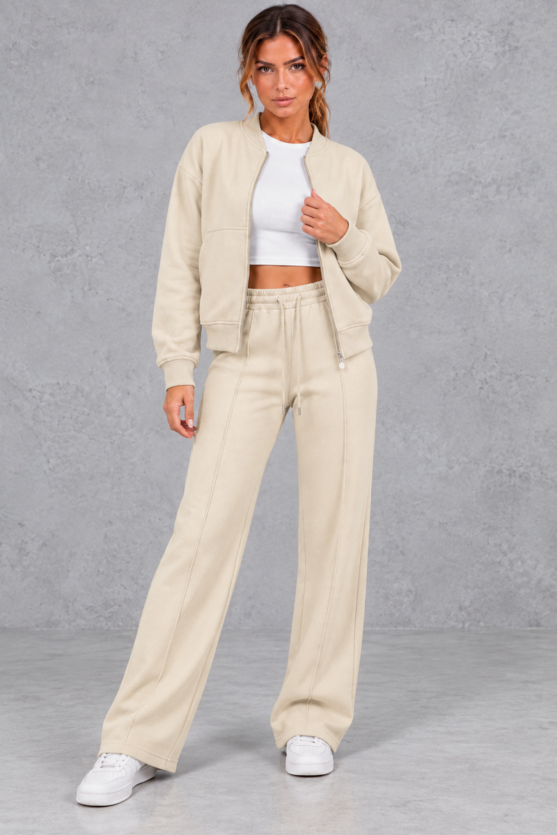 Women's zip-up jacket & trousers set in Beige – front view