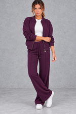 Women's zip-up jacket & trousers set in Plum – front view