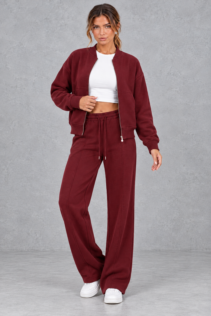 Women's zip-up jacket & trousers set in Burgundy – front view