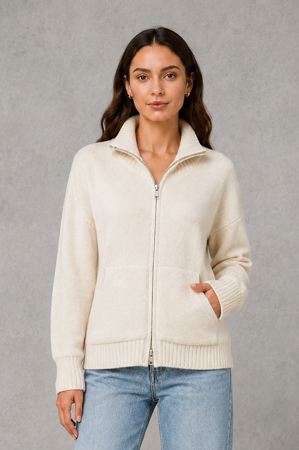 Women’s zip up knit cardigan with a cosy funnel neck, relaxed fit, long sleeves, ribbed trims and practical front patch pockets.