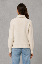 Women’s zip up knit cardigan with a cosy funnel neck, relaxed fit, long sleeves, ribbed trims and practical front patch pockets.