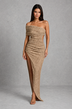 Women’s Asymmetric Bardot Midi Dress with Ruched Detail for Evening & Formal Wear