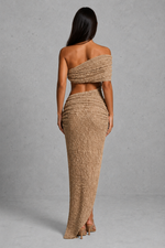 Women’s Asymmetric Bardot Midi Dress with Ruched Detail for Evening & Formal Wear