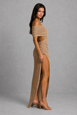 Women’s Asymmetric Bardot Midi Dress with Ruched Detail for Evening & Formal Wear