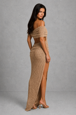 Women’s Asymmetric Bardot Midi Dress with Ruched Detail for Evening & Formal Wear