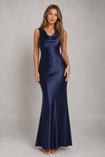 Women’s Backless Satin Maxi Dress with Cowl Neck for Formal & Evening Wear